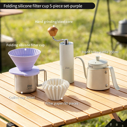 BINCOO Collapsible Silicone Dripper Pour‑Over Coffee Pot Set with Portable Manual Coffee Grinder, Outdoor Camping Gear