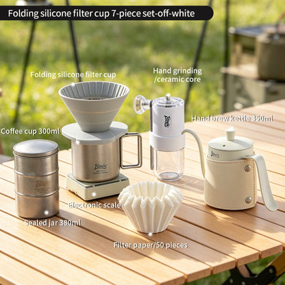 BINCOO Collapsible Silicone Dripper Pour‑Over Coffee Pot Set with Portable Manual Coffee Grinder, Outdoor Camping Gear