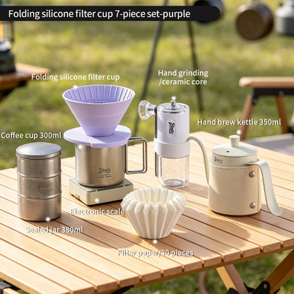 BINCOO Collapsible Silicone Dripper Pour‑Over Coffee Pot Set with Portable Manual Coffee Grinder, Outdoor Camping Gear