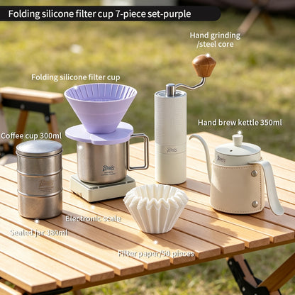 BINCOO Collapsible Silicone Dripper Pour‑Over Coffee Pot Set with Portable Manual Coffee Grinder, Outdoor Camping Gear