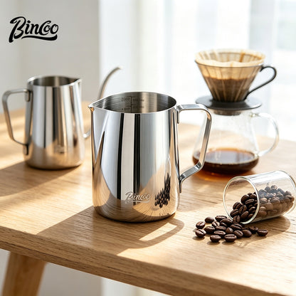 BINCOO Round‑Spout Stainless Steel Milk Pitcher Set with Latte Art Pen, Professional Coffee Milk Frothing Pitcher Barista Tool 350ML/600ML