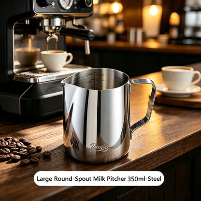 BINCOO Round‑Spout Stainless Steel Milk Pitcher Set with Latte Art Pen, Professional Coffee Milk Frothing Pitcher Barista Tool 350ML/600ML