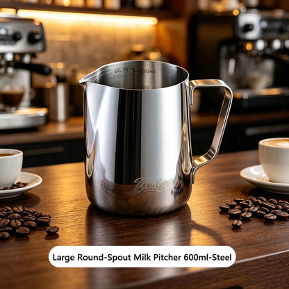 BINCOO Round‑Spout Stainless Steel Milk Pitcher Set with Latte Art Pen, Professional Coffee Milk Frothing Pitcher Barista Tool 350ML/600ML