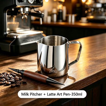 BINCOO Round‑Spout Stainless Steel Milk Pitcher Set with Latte Art Pen, Professional Coffee Milk Frothing Pitcher Barista Tool 350ML/600ML