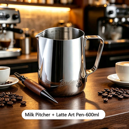 BINCOO Round‑Spout Stainless Steel Milk Pitcher Set with Latte Art Pen, Professional Coffee Milk Frothing Pitcher Barista Tool 350ML/600ML