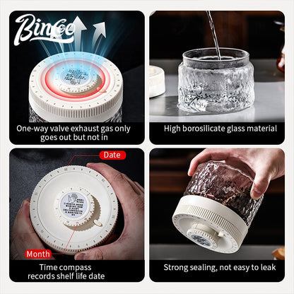 BINCOO Press‑to‑Vacuum Sealed Coffee Storage Jar Glass Airtight Container for Home Use Moisture‑proof with Date Tracker 400ML