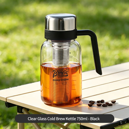 BINCOO Glass Cold Brew Pot with Handle Portable Cold Brew Coffee Cup with Stainless Steel Filter Fridge‑Safe 750ML
