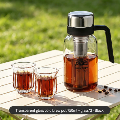 BINCOO Glass Cold Brew Pot with Handle Portable Cold Brew Coffee Cup with Stainless Steel Filter Fridge‑Safe 750ML