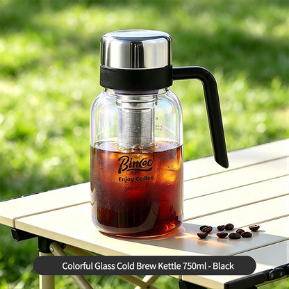 BINCOO Glass Cold Brew Pot with Handle Portable Cold Brew Coffee Cup with Stainless Steel Filter Fridge‑Safe 750ML