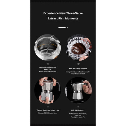 BINCOO 3‑Valve Moka Pot 316 Stainless Steel Double‑Valve Coffee Pot All‑Steel Espresso Coffee Maker Set for Home & Outdoor Use 2Cups