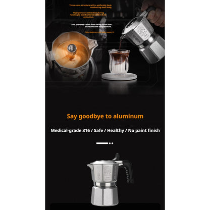 BINCOO 3‑Valve Moka Pot 316 Stainless Steel Double‑Valve Coffee Pot All‑Steel Espresso Coffee Maker Set for Home & Outdoor Use 2Cups