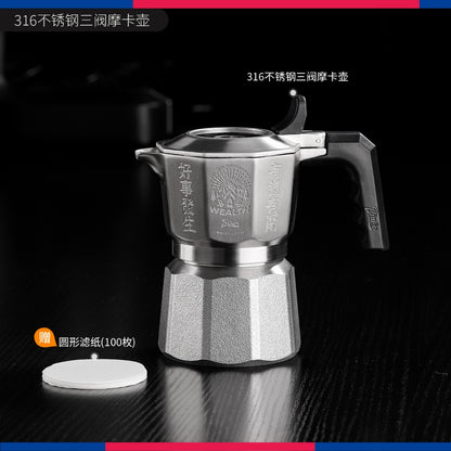 BINCOO 3‑Valve Moka Pot 316 Stainless Steel Double‑Valve Coffee Pot All‑Steel Espresso Coffee Maker Set for Home & Outdoor Use 2Cups