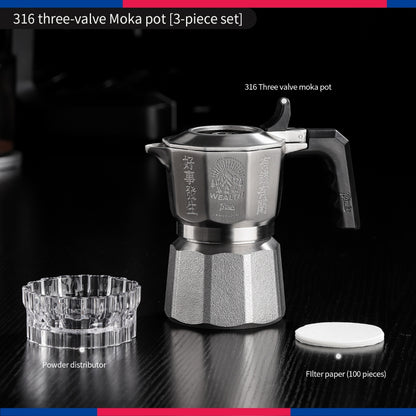 BINCOO 3‑Valve Moka Pot 316 Stainless Steel Double‑Valve Coffee Pot All‑Steel Espresso Coffee Maker Set for Home & Outdoor Use 2Cups