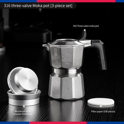 BINCOO 3‑Valve Moka Pot 316 Stainless Steel Double‑Valve Coffee Pot All‑Steel Espresso Coffee Maker Set for Home & Outdoor Use 2Cups