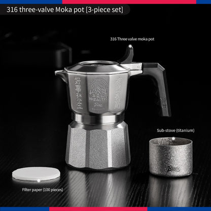 BINCOO 3‑Valve Moka Pot 316 Stainless Steel Double‑Valve Coffee Pot All‑Steel Espresso Coffee Maker Set for Home & Outdoor Use 2Cups