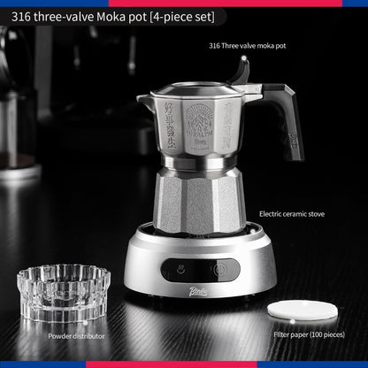 BINCOO 3‑Valve Moka Pot 316 Stainless Steel Double‑Valve Coffee Pot All‑Steel Espresso Coffee Maker Set for Home & Outdoor Use 2Cups