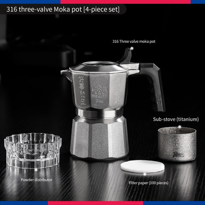 BINCOO 3‑Valve Moka Pot 316 Stainless Steel Double‑Valve Coffee Pot All‑Steel Espresso Coffee Maker Set for Home & Outdoor Use 2Cups