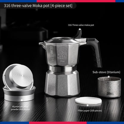 BINCOO 3‑Valve Moka Pot 316 Stainless Steel Double‑Valve Coffee Pot All‑Steel Espresso Coffee Maker Set for Home & Outdoor Use 2Cups