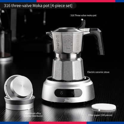 BINCOO 3‑Valve Moka Pot 316 Stainless Steel Double‑Valve Coffee Pot All‑Steel Espresso Coffee Maker Set for Home & Outdoor Use 2Cups