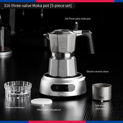 BINCOO 3‑Valve Moka Pot 316 Stainless Steel Double‑Valve Coffee Pot All‑Steel Espresso Coffee Maker Set for Home & Outdoor Use 2Cups