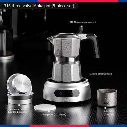BINCOO 3‑Valve Moka Pot 316 Stainless Steel Double‑Valve Coffee Pot All‑Steel Espresso Coffee Maker Set for Home & Outdoor Use 2Cups