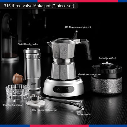 BINCOO 3‑Valve Moka Pot 316 Stainless Steel Double‑Valve Coffee Pot All‑Steel Espresso Coffee Maker Set for Home & Outdoor Use 2Cups