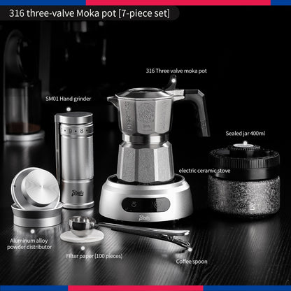 BINCOO 3‑Valve Moka Pot 316 Stainless Steel Double‑Valve Coffee Pot All‑Steel Espresso Coffee Maker Set for Home & Outdoor Use 2Cups