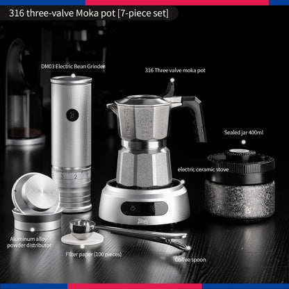 BINCOO 3‑Valve Moka Pot 316 Stainless Steel Double‑Valve Coffee Pot All‑Steel Espresso Coffee Maker Set for Home & Outdoor Use 2Cups