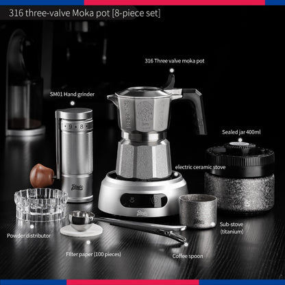 BINCOO 3‑Valve Moka Pot 316 Stainless Steel Double‑Valve Coffee Pot All‑Steel Espresso Coffee Maker Set for Home & Outdoor Use 2Cups