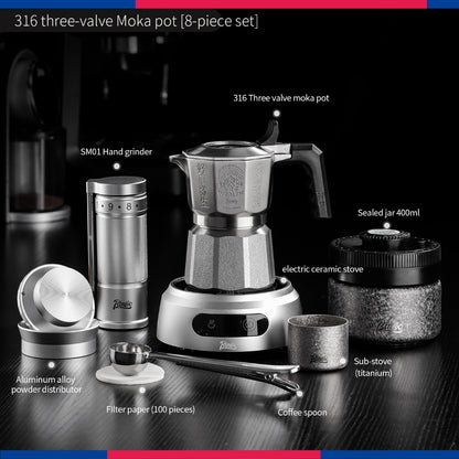 BINCOO 3‑Valve Moka Pot 316 Stainless Steel Double‑Valve Coffee Pot All‑Steel Espresso Coffee Maker Set for Home & Outdoor Use 2Cups