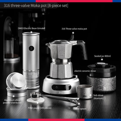 BINCOO 3‑Valve Moka Pot 316 Stainless Steel Double‑Valve Coffee Pot All‑Steel Espresso Coffee Maker Set for Home & Outdoor Use 2Cups