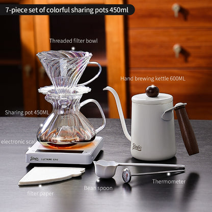 BINCOO Pour‑Over Coffee Set Manual Coffee Grinder Set Glass Server with Scale Mark Dripper  Coffee Brewing & Filter Kit 450ML/550ML