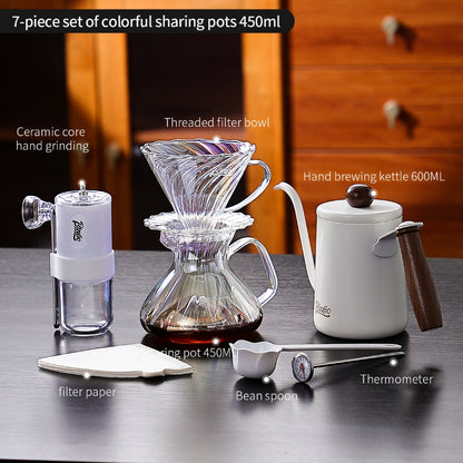 BINCOO Pour‑Over Coffee Set Manual Coffee Grinder Set Glass Server with Scale Mark Dripper  Coffee Brewing & Filter Kit 450ML/550ML