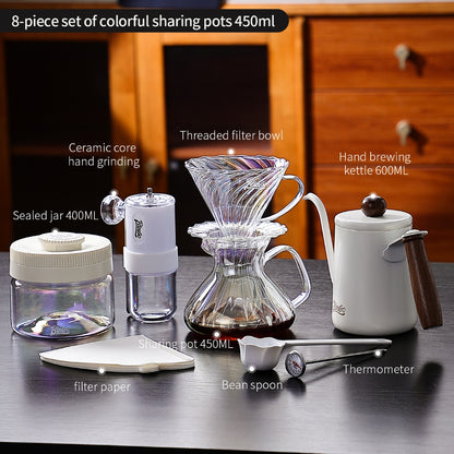 BINCOO Pour‑Over Coffee Set Manual Coffee Grinder Set Glass Server with Scale Mark Dripper  Coffee Brewing & Filter Kit 450ML/550ML