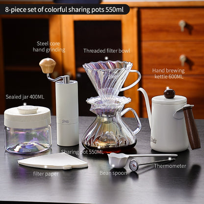 BINCOO Pour‑Over Coffee Set Manual Coffee Grinder Set Glass Server with Scale Mark Dripper  Coffee Brewing & Filter Kit 450ML/550ML