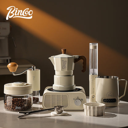 BINCOO Three‑Valve Moka Pot Home Coffee Maker Set with Coffee Grinder Small Italian Espresso Coffee Brewing Utensils Kit 2Cups