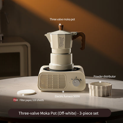 BINCOO Three‑Valve Moka Pot Home Coffee Maker Set with Coffee Grinder Small Italian Espresso Coffee Brewing Utensils Kit 2Cups