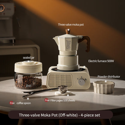 BINCOO Three‑Valve Moka Pot Home Coffee Maker Set with Coffee Grinder Small Italian Espresso Coffee Brewing Utensils Kit 2Cups