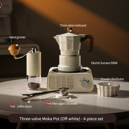 BINCOO Three‑Valve Moka Pot Home Coffee Maker Set with Coffee Grinder Small Italian Espresso Coffee Brewing Utensils Kit 2Cups