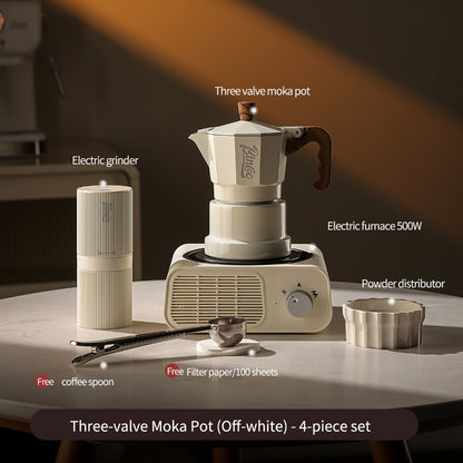 BINCOO Three‑Valve Moka Pot Home Coffee Maker Set with Coffee Grinder Small Italian Espresso Coffee Brewing Utensils Kit 2Cups