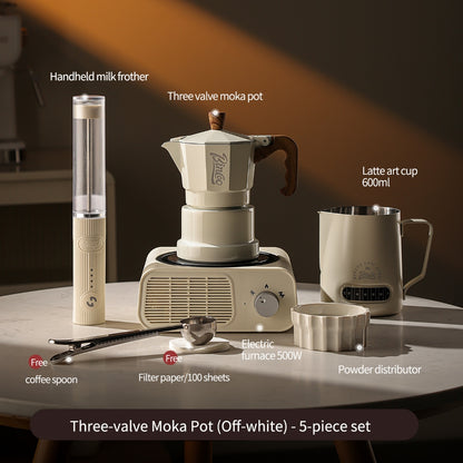 BINCOO Three‑Valve Moka Pot Home Coffee Maker Set with Coffee Grinder Small Italian Espresso Coffee Brewing Utensils Kit 2Cups