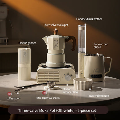 BINCOO Three‑Valve Moka Pot Home Coffee Maker Set with Coffee Grinder Small Italian Espresso Coffee Brewing Utensils Kit 2Cups