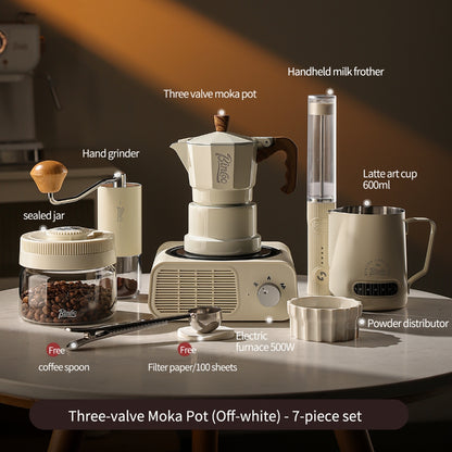 BINCOO Three‑Valve Moka Pot Home Coffee Maker Set with Coffee Grinder Small Italian Espresso Coffee Brewing Utensils Kit 2Cups