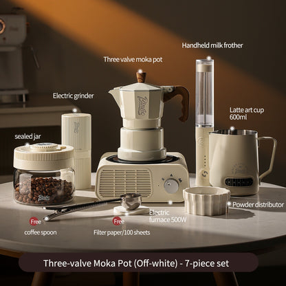 BINCOO Three‑Valve Moka Pot Home Coffee Maker Set with Coffee Grinder Small Italian Espresso Coffee Brewing Utensils Kit 2Cups