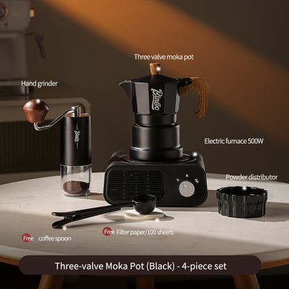 BINCOO Three‑Valve Moka Pot Home Coffee Maker Set with Coffee Grinder Small Italian Espresso Coffee Brewing Utensils Kit 2Cups