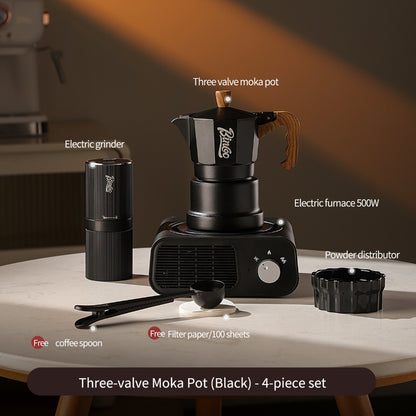 BINCOO Three‑Valve Moka Pot Home Coffee Maker Set with Coffee Grinder Small Italian Espresso Coffee Brewing Utensils Kit 2Cups