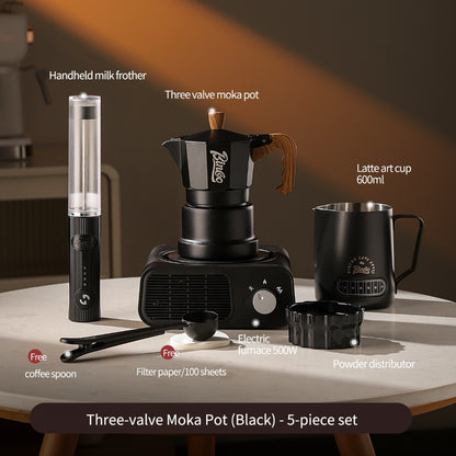 BINCOO Three‑Valve Moka Pot Home Coffee Maker Set with Coffee Grinder Small Italian Espresso Coffee Brewing Utensils Kit 2Cups