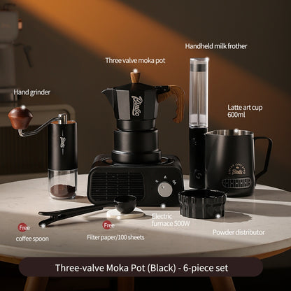 BINCOO Three‑Valve Moka Pot Home Coffee Maker Set with Coffee Grinder Small Italian Espresso Coffee Brewing Utensils Kit 2Cups