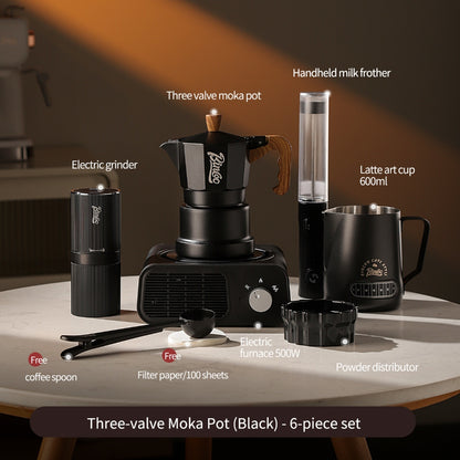 BINCOO Three‑Valve Moka Pot Home Coffee Maker Set with Coffee Grinder Small Italian Espresso Coffee Brewing Utensils Kit 2Cups