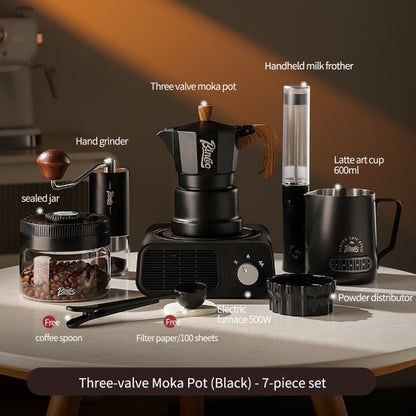 BINCOO Three‑Valve Moka Pot Home Coffee Maker Set with Coffee Grinder Small Italian Espresso Coffee Brewing Utensils Kit 2Cups